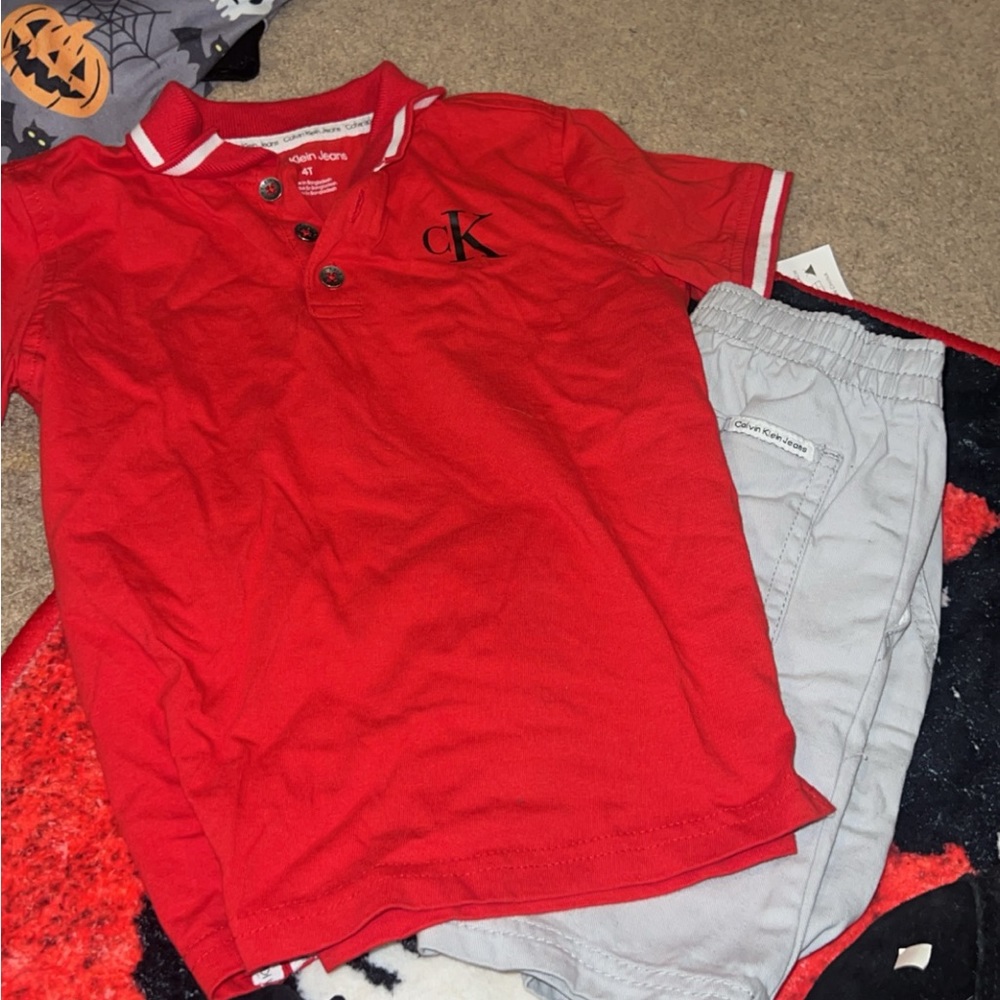 Boys red shirt and tan shorts Calvin Klein outfit 4t